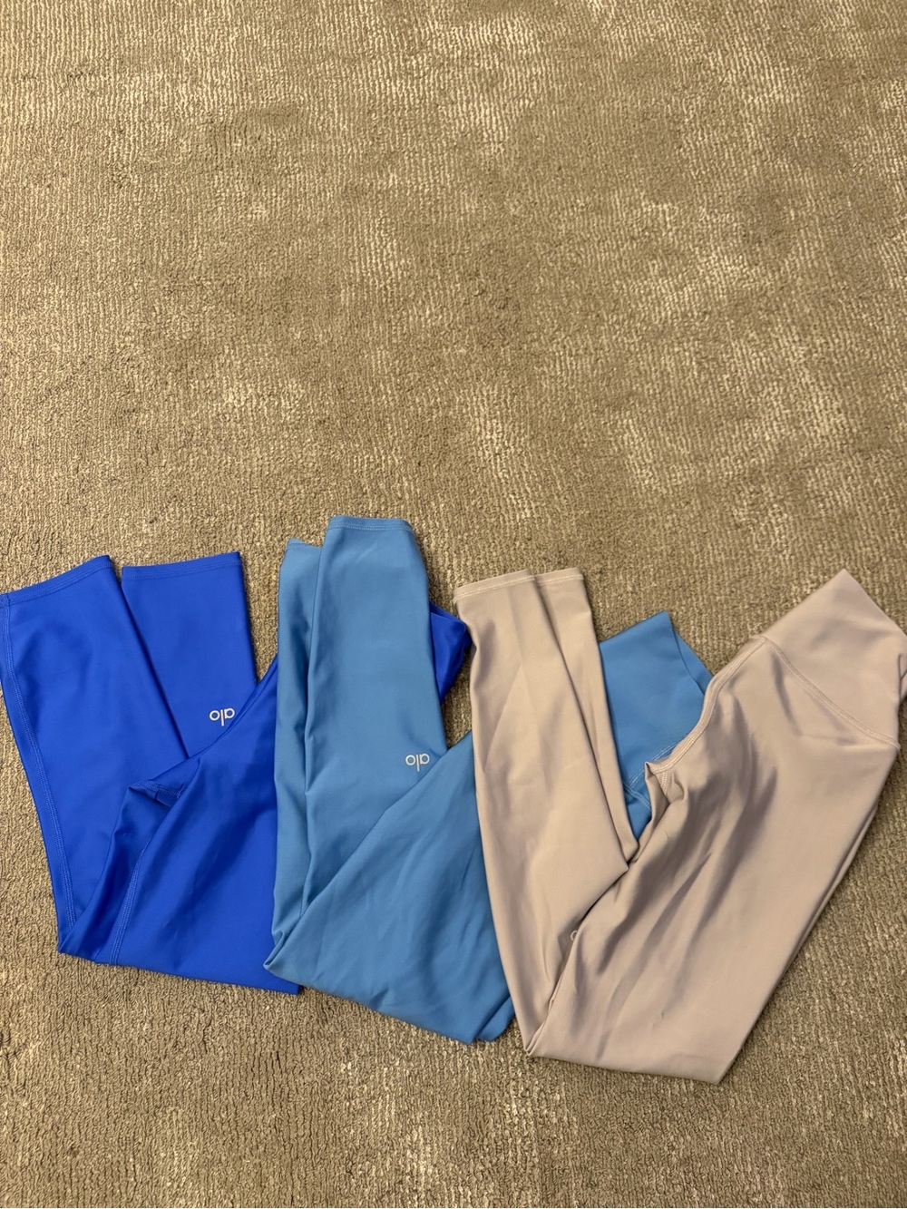 ALO Yoga Leggings Trio in Royal Blue, Sky Blue, and Taupe Bundle